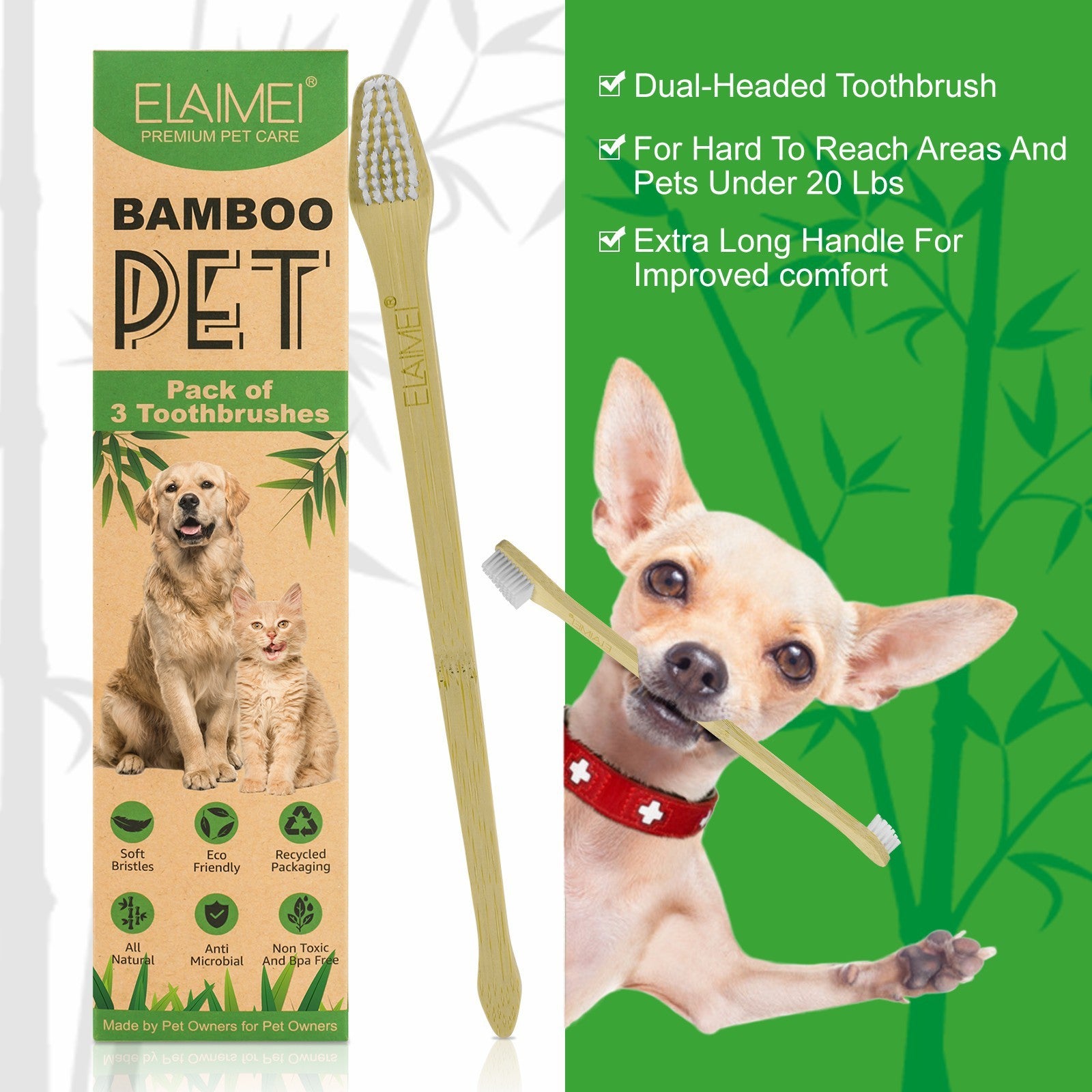 Pet Toothbrush3pcs Pet Bamboo Toothbrush Double-sided Dental