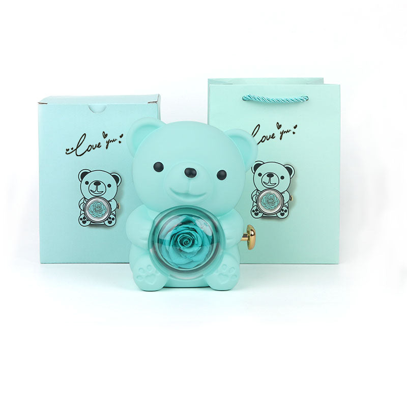 Rotating Bear Gift Box Eternal Rose Teddy Bear Jewelry Box With Necklace Valentine Wedding Special Present For Girlfriend Anniversary Gift Jewelry Box