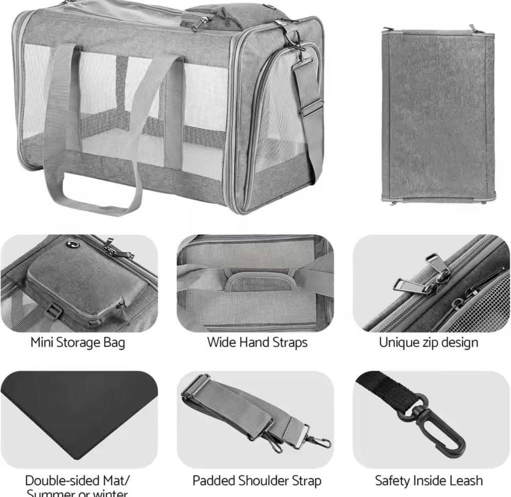 Pet Travel Carrier - Soft-Sided Cat & Small Dog Bag with Mesh Windows, Gray