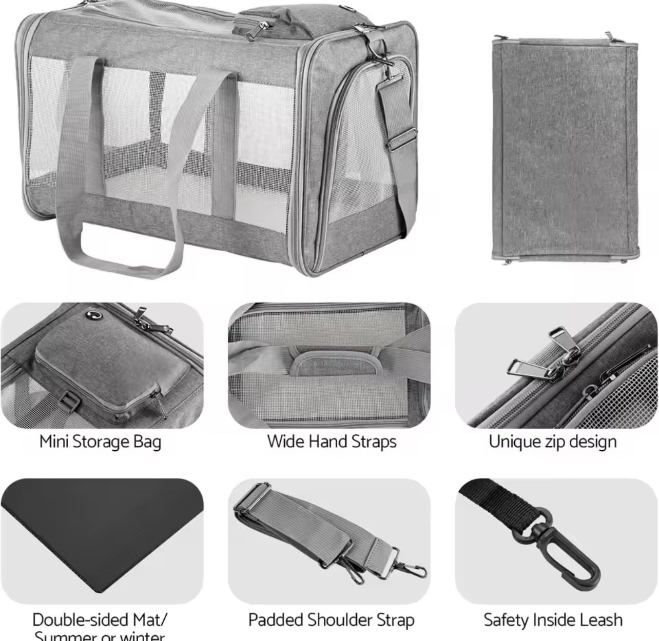 Pet Travel Carrier - Soft-Sided Cat & Small Dog Bag with Mesh Windows, Gray