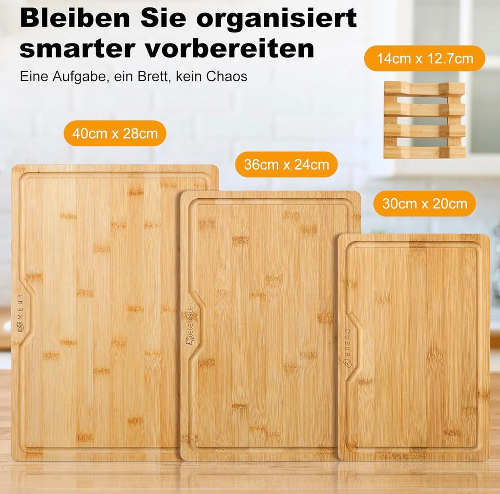 Bamboo Chopping Board Set 3-Piece with Holder - Large Bamboo Kitchen Boards (40 x 28 / 36 x 24 / 30 x 20 cm), Double-Sided with Juice Groove for Meat, Vegetables & Bread