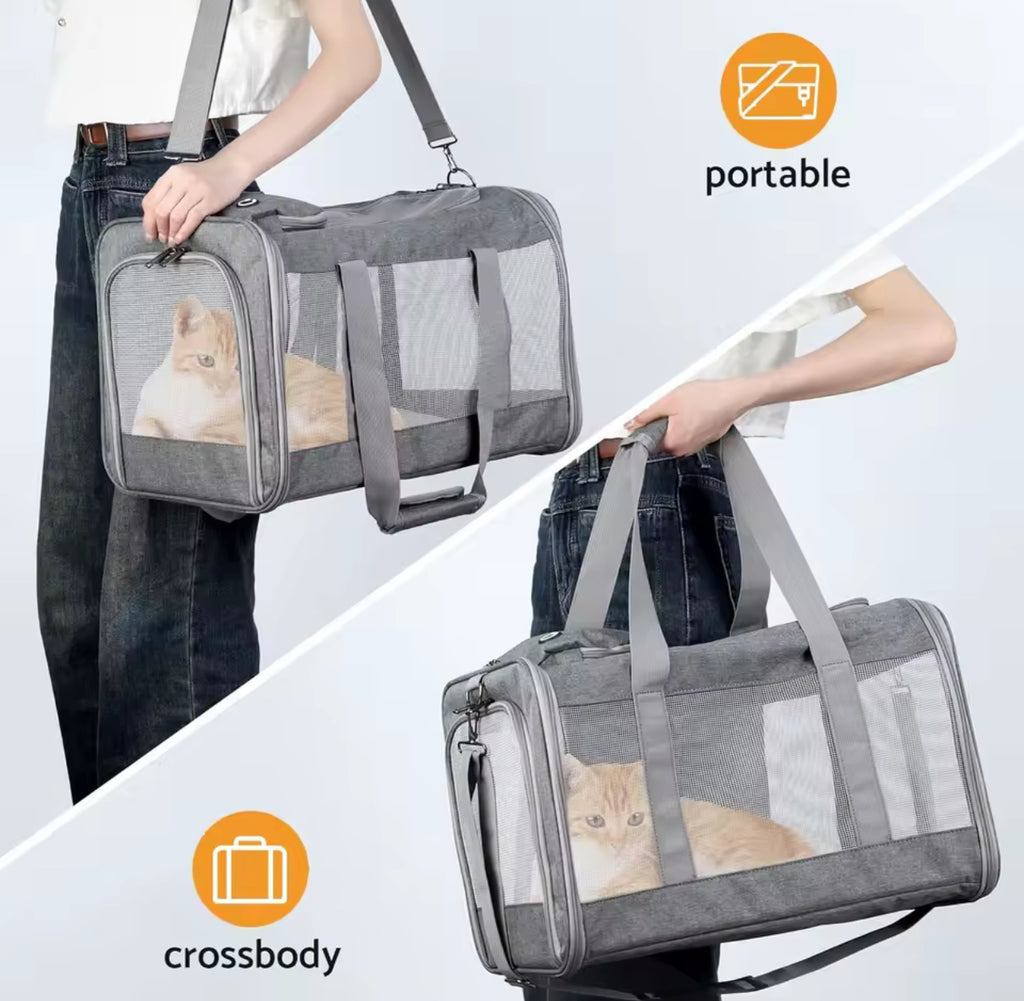 Pet Travel Carrier - Soft-Sided Cat & Small Dog Bag with Mesh Windows, Gray