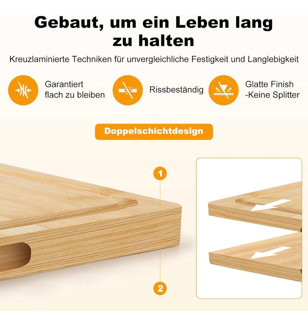Bamboo Chopping Board Set 3-Piece with Holder - Large Bamboo Kitchen Boards (40 x 28 / 36 x 24 / 30 x 20 cm), Double-Sided with Juice Groove for Meat, Vegetables & Bread
