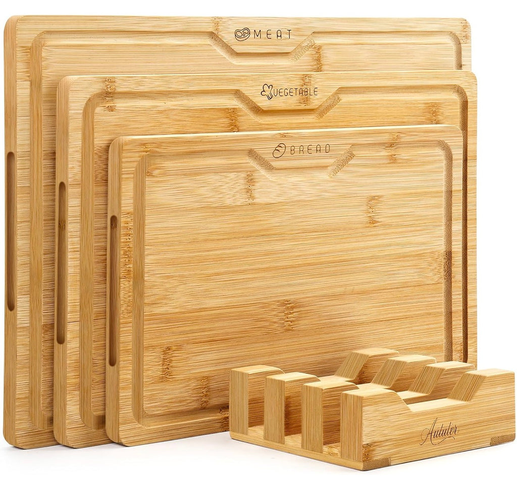 Bamboo Chopping Board Set 3-Piece with Holder - Large Bamboo Kitchen Boards (40 x 28 / 36 x 24 / 30 x 20 cm), Double-Sided with Juice Groove for Meat, Vegetables & Bread