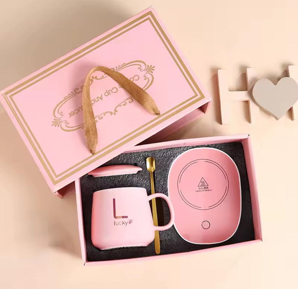 Elegant Tea Ceramic Mug Set with Wireless Warmer & Spoon