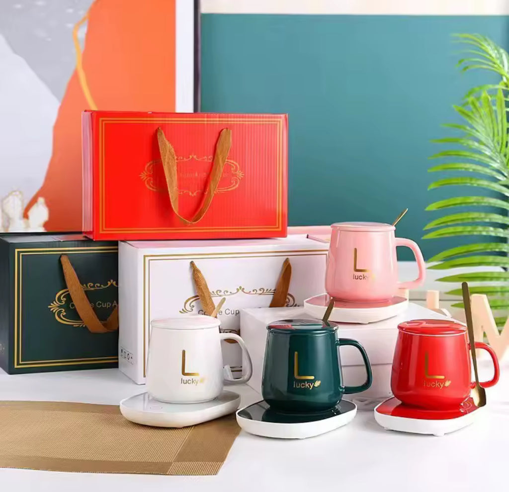 Elegant Tea Ceramic Mug Set with Wireless Warmer & Spoon