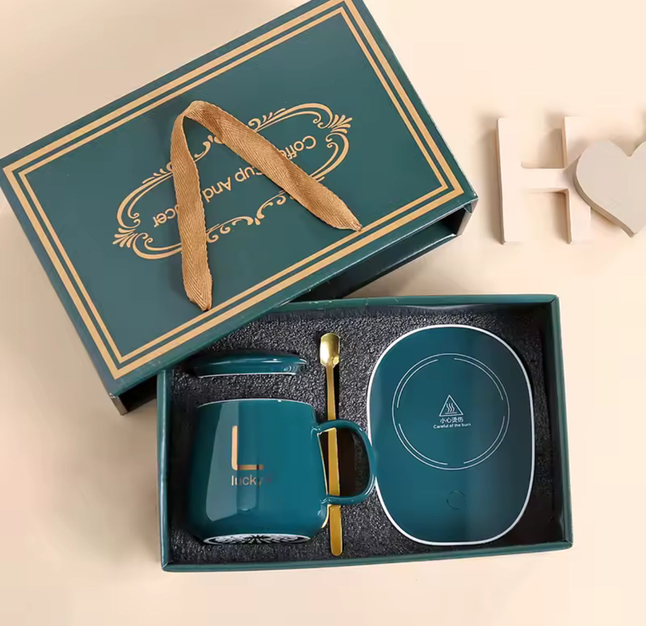 Elegant Tea Ceramic Mug Set with Wireless Warmer & Spoon