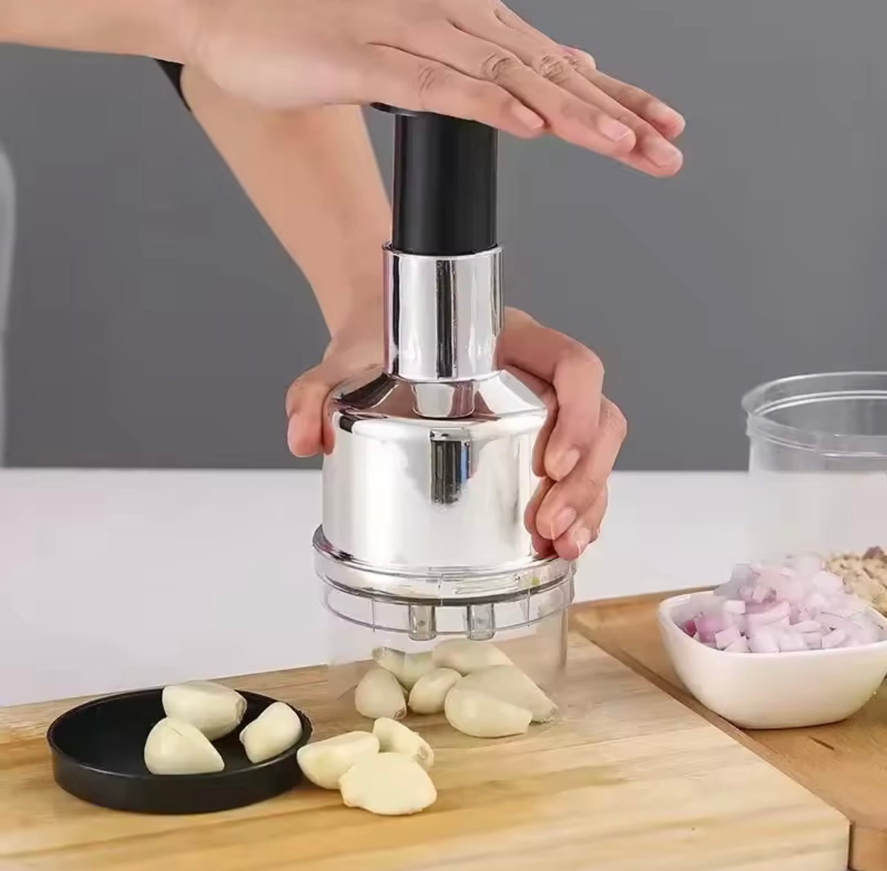 Manual Vegetable Chopper + Crinkle Wave Cutter Set – Stainless Steel Chopper (Pull-String) & Vegetable Wave Slicer – Kitchen Bundle