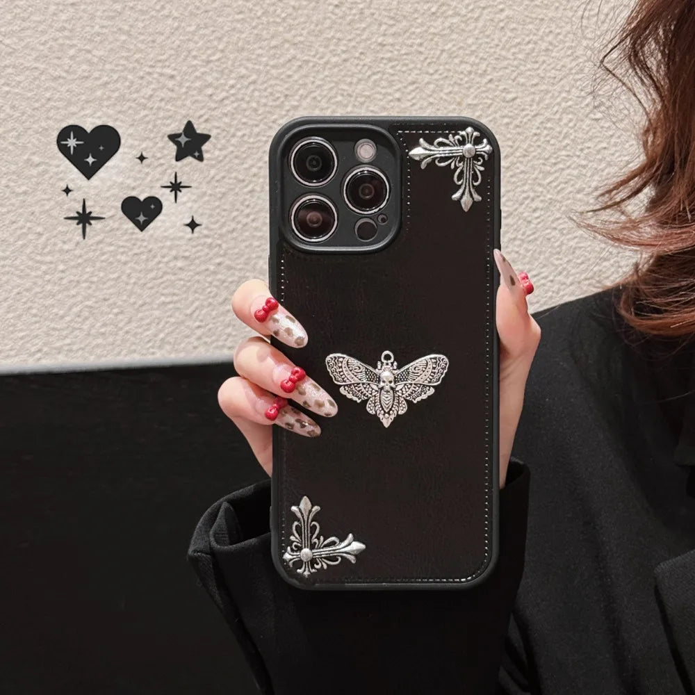 Luxury Gothic High Grade Leather Phone Case for IPhone 16 15 14 13 12 11 Pro Max Fashion Trends Metal Honeybee Protection Cover