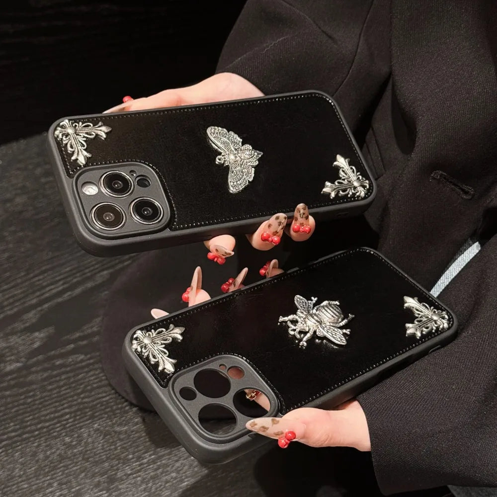 Luxury Gothic High Grade Leather Phone Case for IPhone 16 15 14 13 12 11 Pro Max Fashion Trends Metal Honeybee Protection Cover