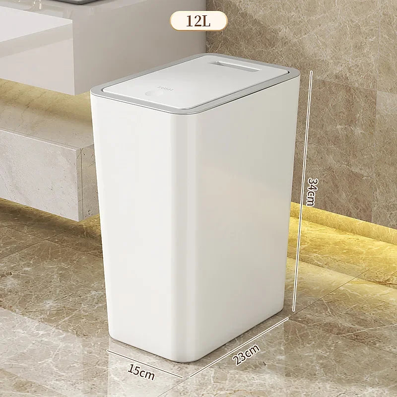 Trash Can with One-Touch Lid Press Gap Design Slim Space Saving Waste Basket Waterproof Dustbin Bathroom Kitchen Home Trash Bin
