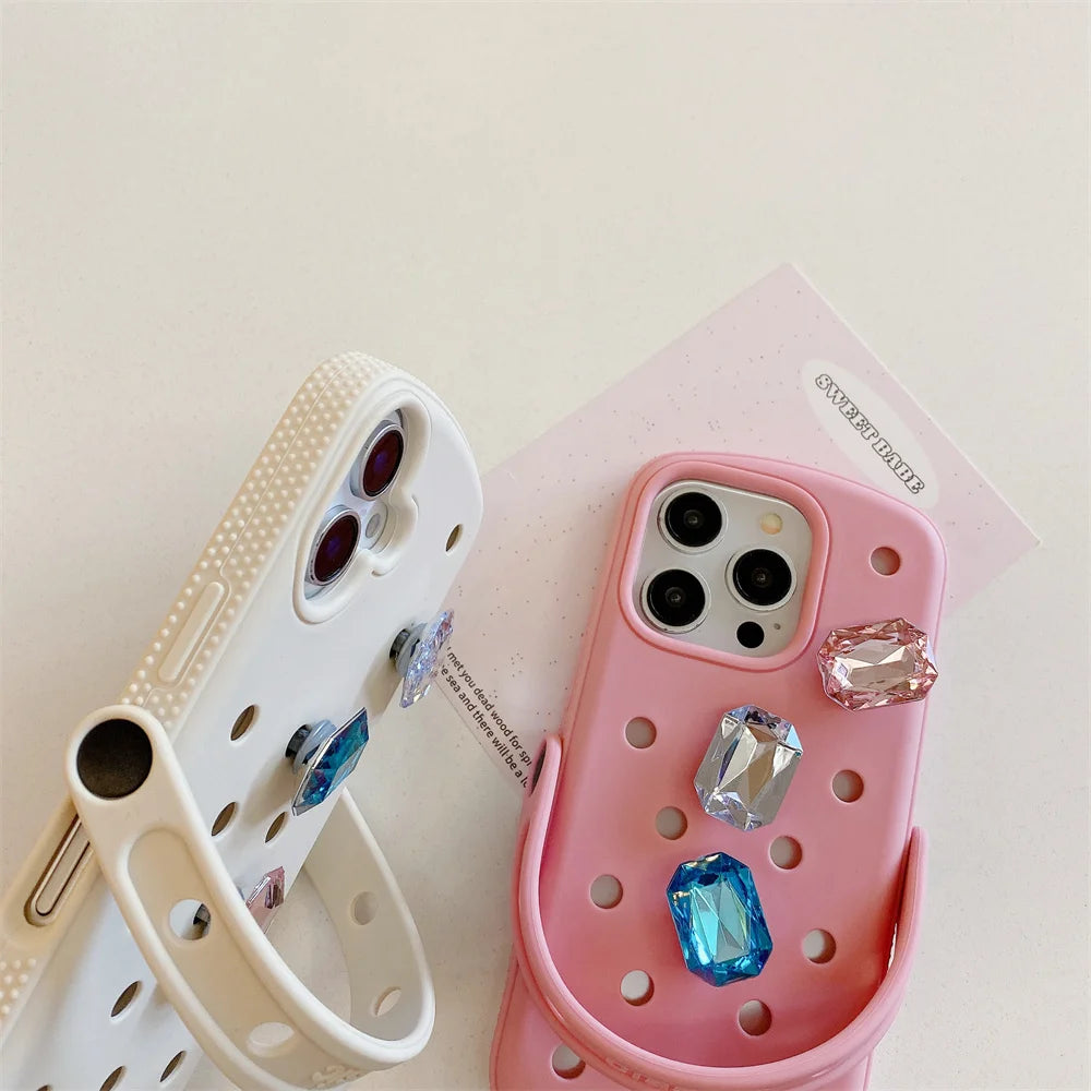 Luxury Gem Crocs DIY phone case soft cover for iPhone 13 Pro 11 12 Pro Max 14 15 plus 16 16 Pro 13 cover with wrist strap Cover