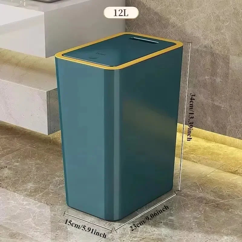 Trash Can with One-Touch Lid Press Gap Design Slim Space Saving Waste Basket Waterproof Dustbin Bathroom Kitchen Home Trash Bin