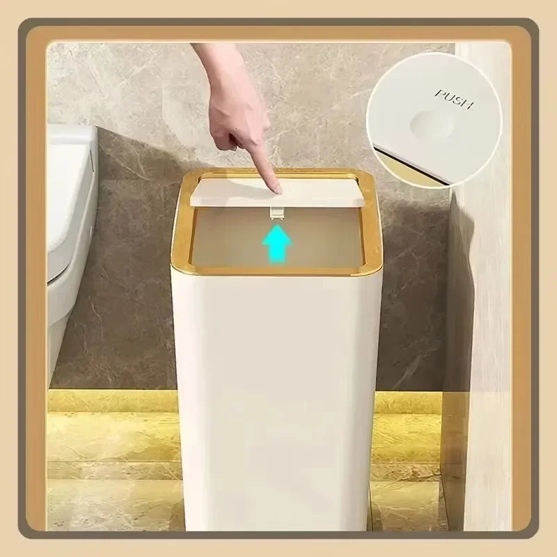 Trash Can with One-Touch Lid Press Gap Design Slim Space Saving Waste Basket Waterproof Dustbin Bathroom Kitchen Home Trash Bin