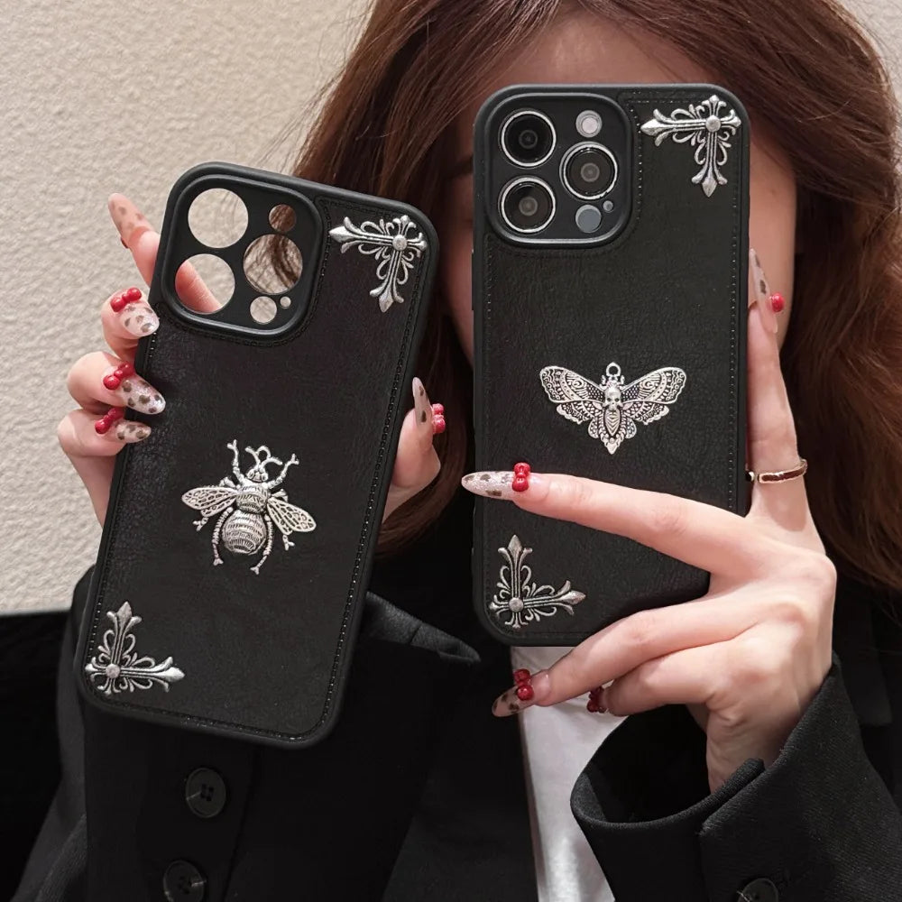 Luxury Gothic High Grade Leather Phone Case for IPhone 16 15 14 13 12 11 Pro Max Fashion Trends Metal Honeybee Protection Cover