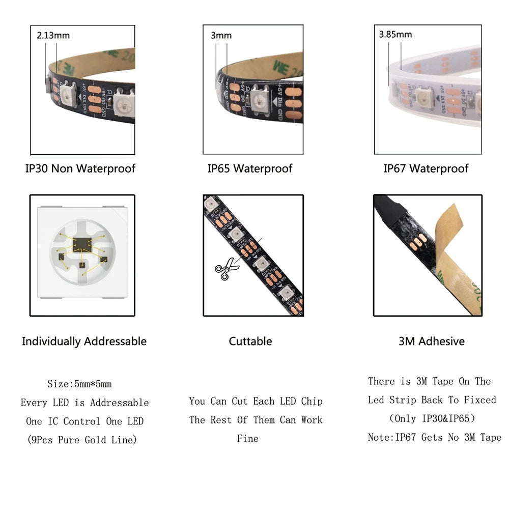 DC5V WS2812B Led Strip light 30/60/74/96/144leds/m Individually Addressable Smart 5050RGB WS2812 Pixels Led Light IP30/65/67
