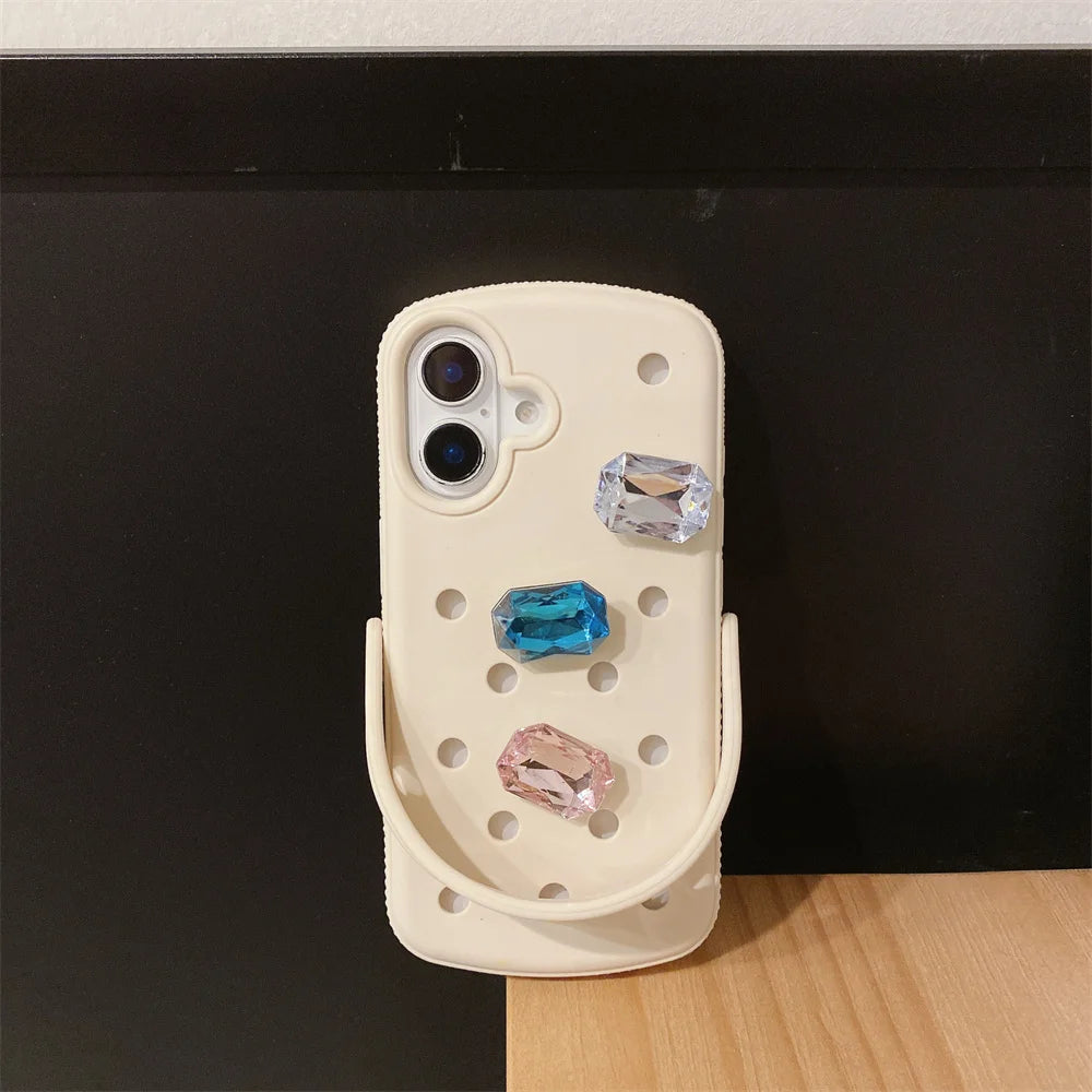 Luxury Gem Crocs DIY phone case soft cover for iPhone 13 Pro 11 12 Pro Max 14 15 plus 16 16 Pro 13 cover with wrist strap Cover