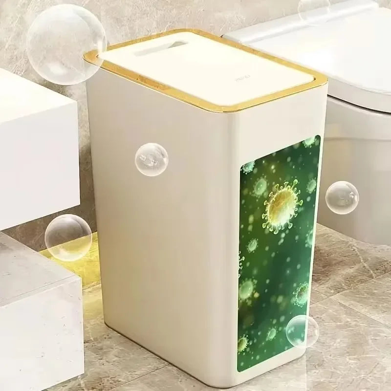 Trash Can with One-Touch Lid Press Gap Design Slim Space Saving Waste Basket Waterproof Dustbin Bathroom Kitchen Home Trash Bin