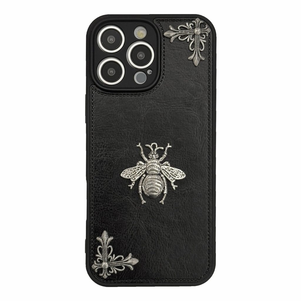Luxury Gothic High Grade Leather Phone Case for IPhone 16 15 14 13 12 11 Pro Max Fashion Trends Metal Honeybee Protection Cover