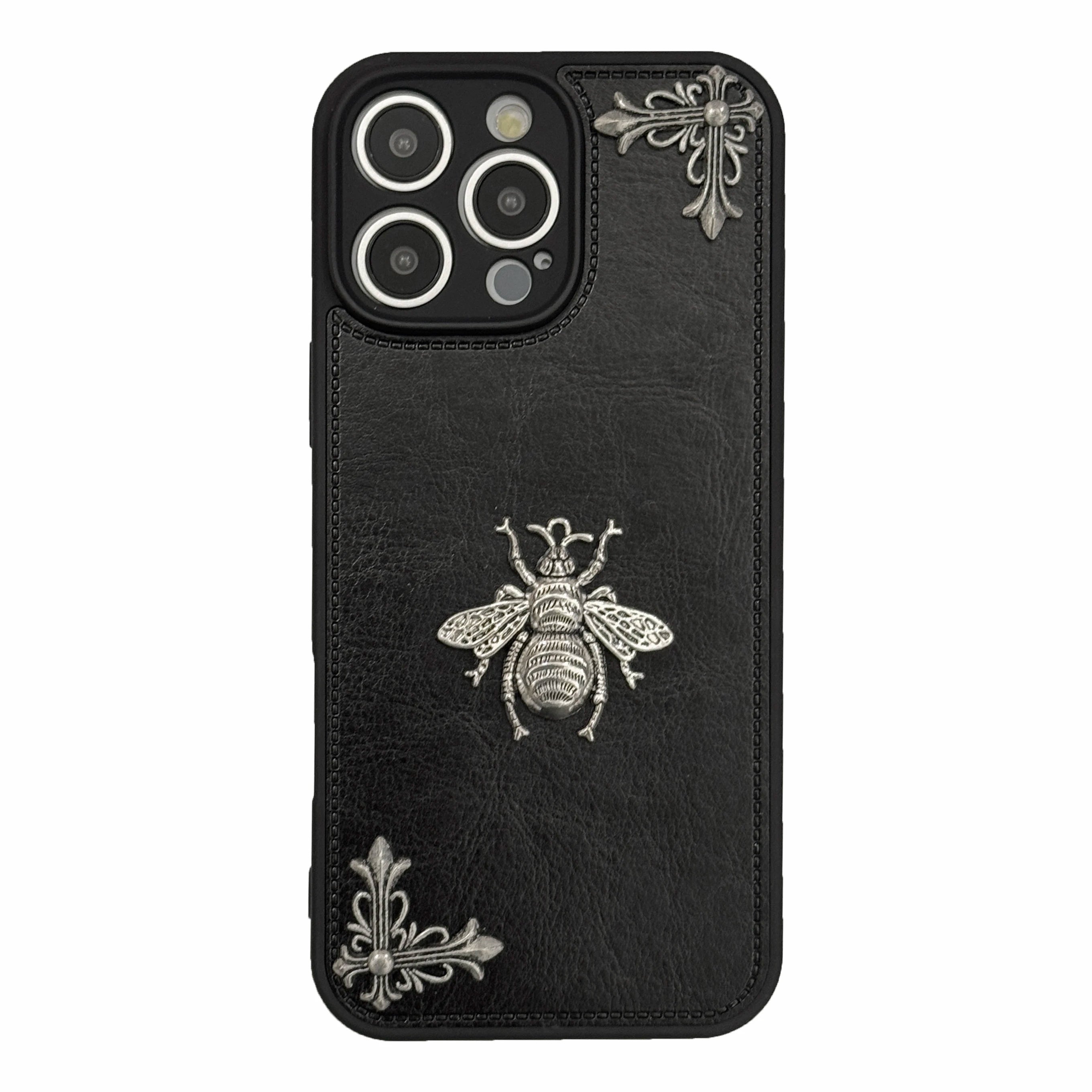 Luxury Gothic High Grade Leather Phone Case for IPhone 16 15 14 13 12 11 Pro Max Fashion Trends Metal Honeybee Protection Cover