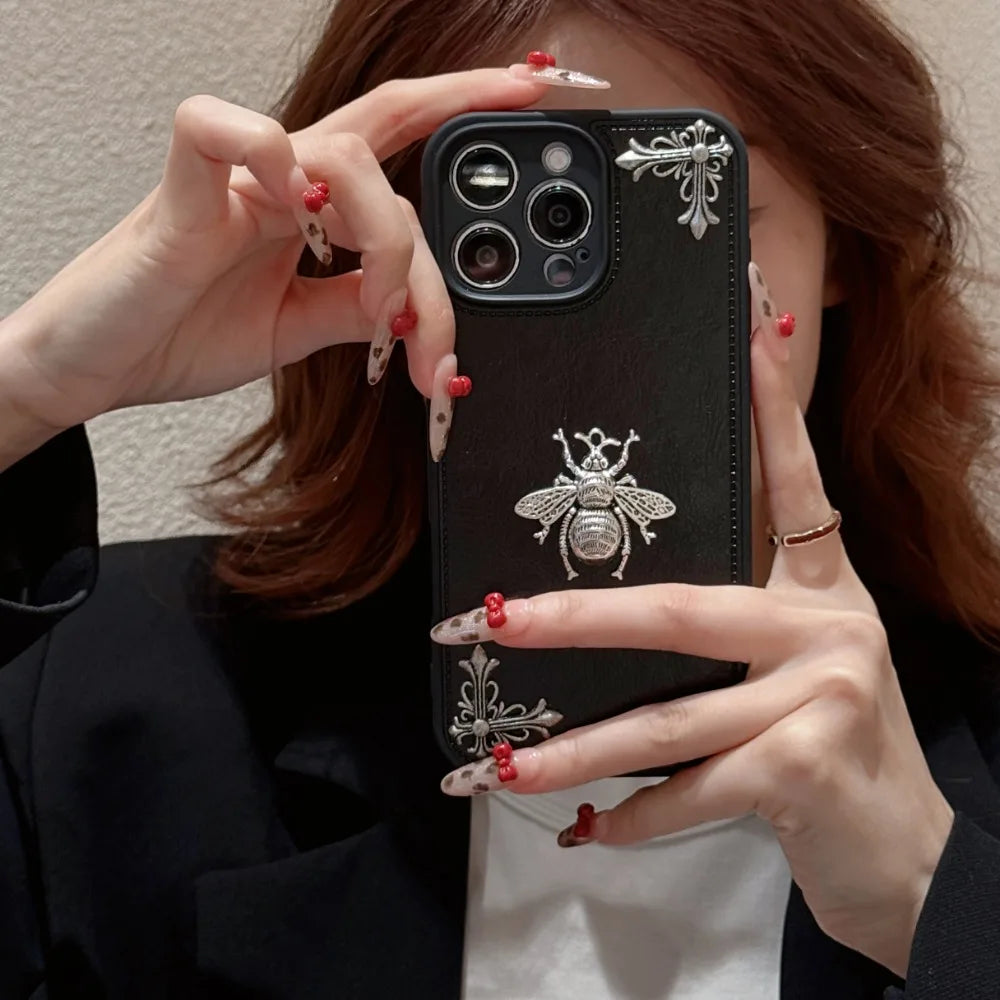 Luxury Gothic High Grade Leather Phone Case for IPhone 16 15 14 13 12 11 Pro Max Fashion Trends Metal Honeybee Protection Cover