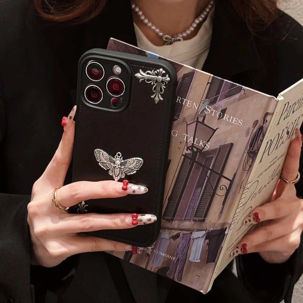 Luxury Gothic High Grade Leather Phone Case for IPhone 16 15 14 13 12 11 Pro Max Fashion Trends Metal Honeybee Protection Cover
