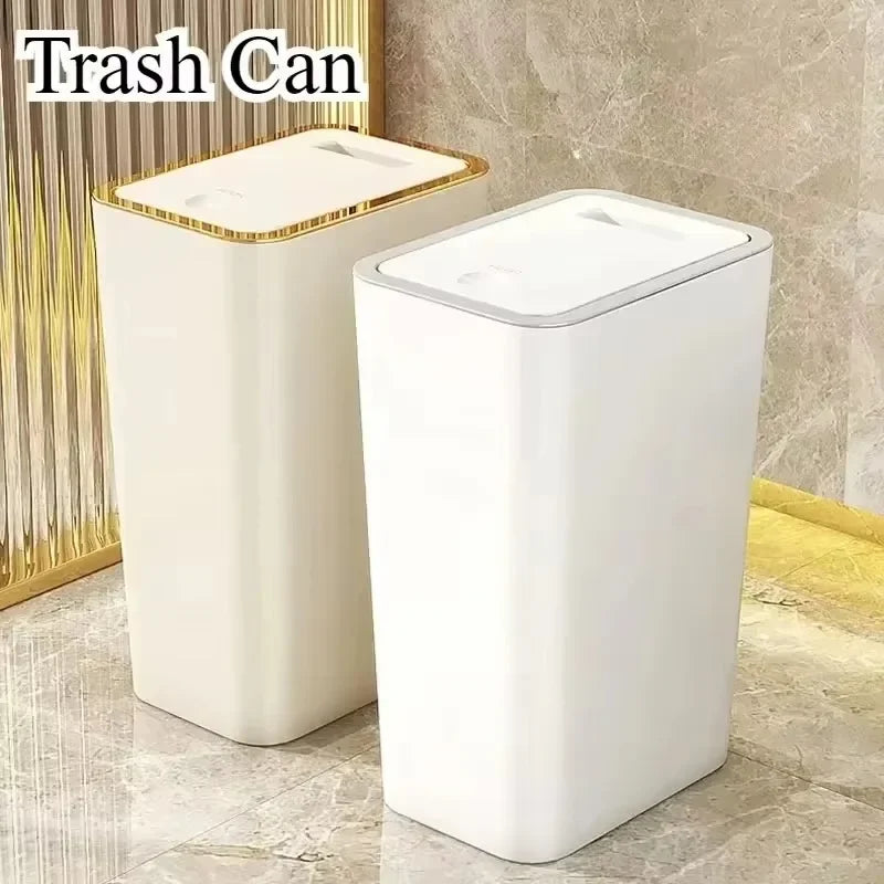 Trash Can with One-Touch Lid Press Gap Design Slim Space Saving Waste Basket Waterproof Dustbin Bathroom Kitchen Home Trash Bin