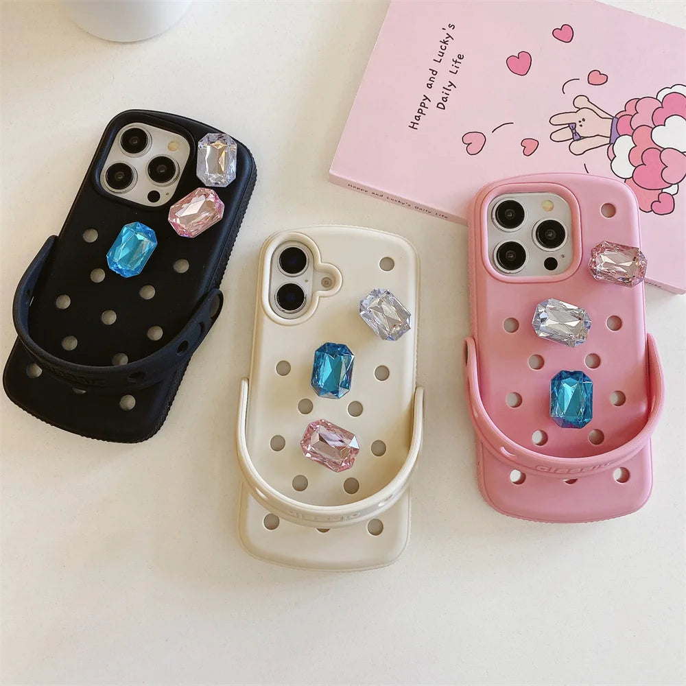 Luxury Gem Crocs DIY phone case soft cover for iPhone 13 Pro 11 12 Pro Max 14 15 plus 16 16 Pro 13 cover with wrist strap Cover