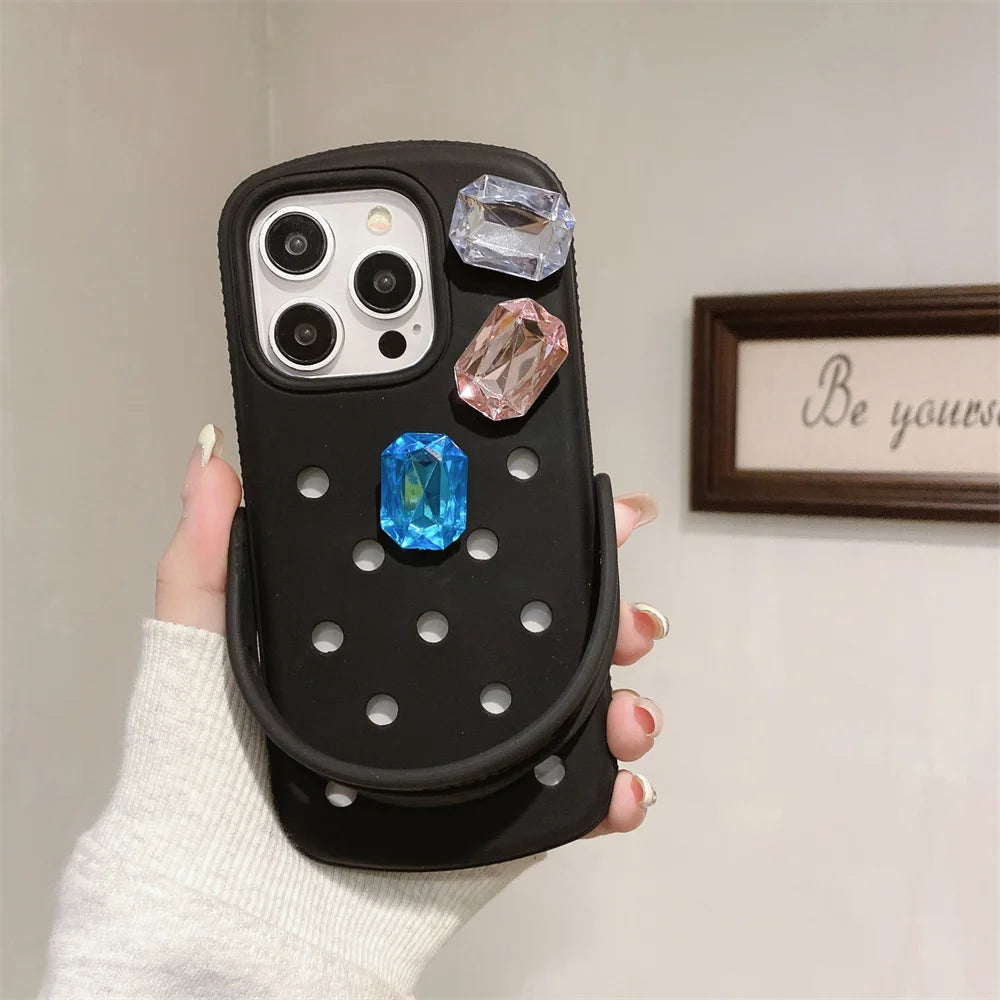 Luxury Gem Crocs DIY phone case soft cover for iPhone 13 Pro 11 12 Pro Max 14 15 plus 16 16 Pro 13 cover with wrist strap Cover
