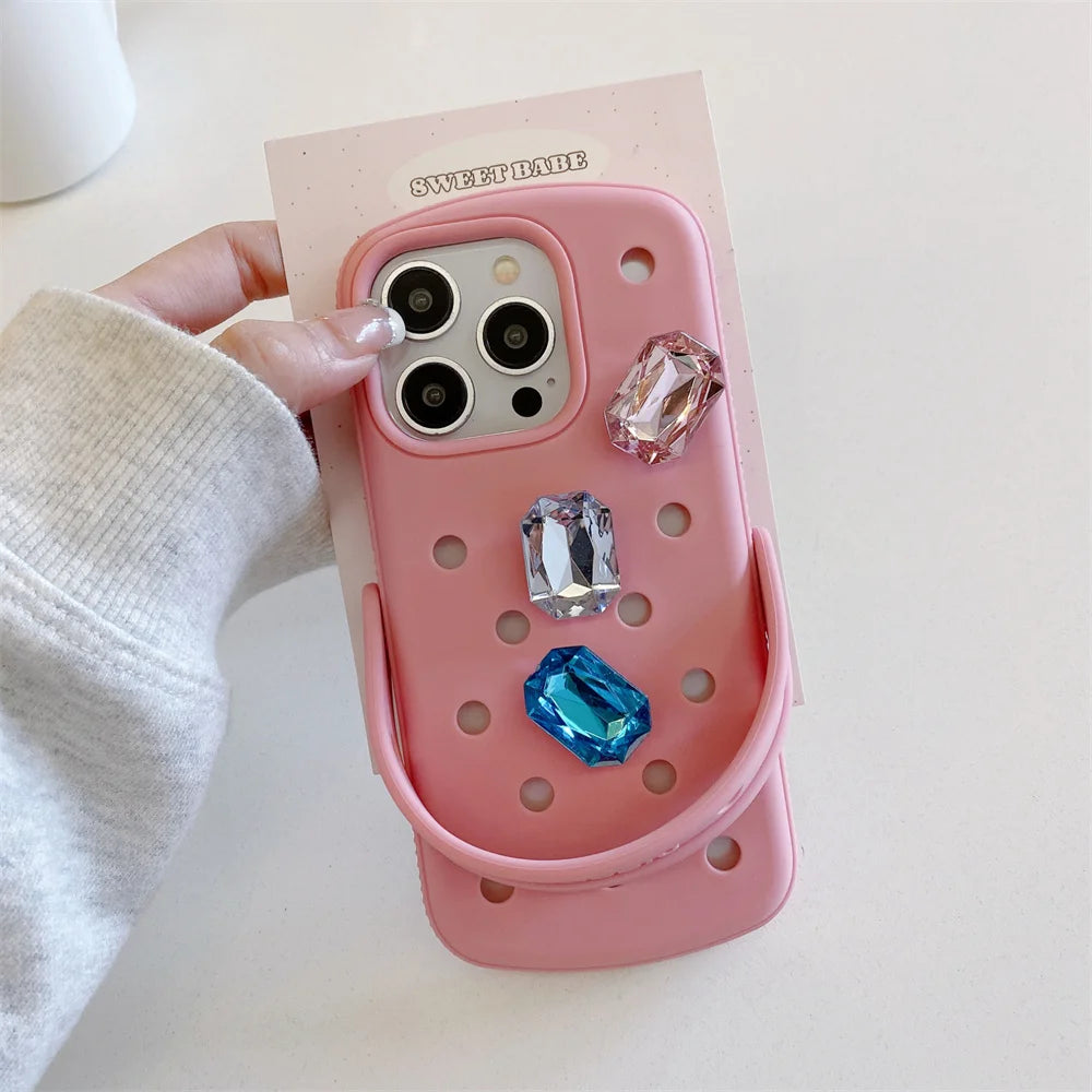 Luxury Gem Crocs DIY phone case soft cover for iPhone 13 Pro 11 12 Pro Max 14 15 plus 16 16 Pro 13 cover with wrist strap Cover