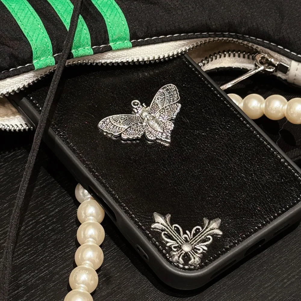 Luxury Gothic High Grade Leather Phone Case for IPhone 16 15 14 13 12 11 Pro Max Fashion Trends Metal Honeybee Protection Cover