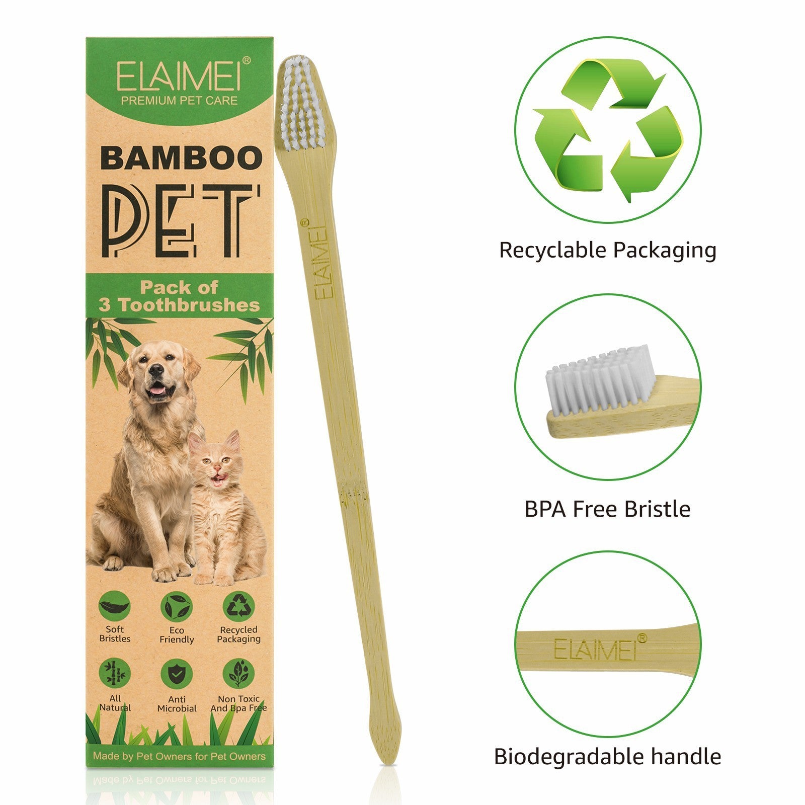 Pet Toothbrush3pcs Pet Bamboo Toothbrush Double-sided Dental